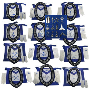 Masonic Blue Lodge Officer Regalia Set – 12 Aprons, 12 Chain Collars, 12 Officer Jewels & 12 Gloves Pair
