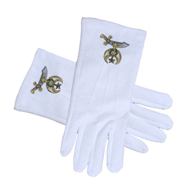 White Cotton Masonic Gloves with Shriner Embroidery | Formal Freemason Regalia for Shriners