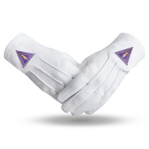 Royal & Select Masters English Regulation Leather Gloves-White Masonic Gloves with Purple Embroidered Patch
