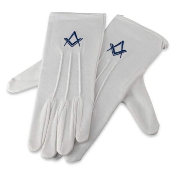 White Cotton Masonic Gloves with Square & Compass Embroidery | Freemason Dress Gloves (Pair)